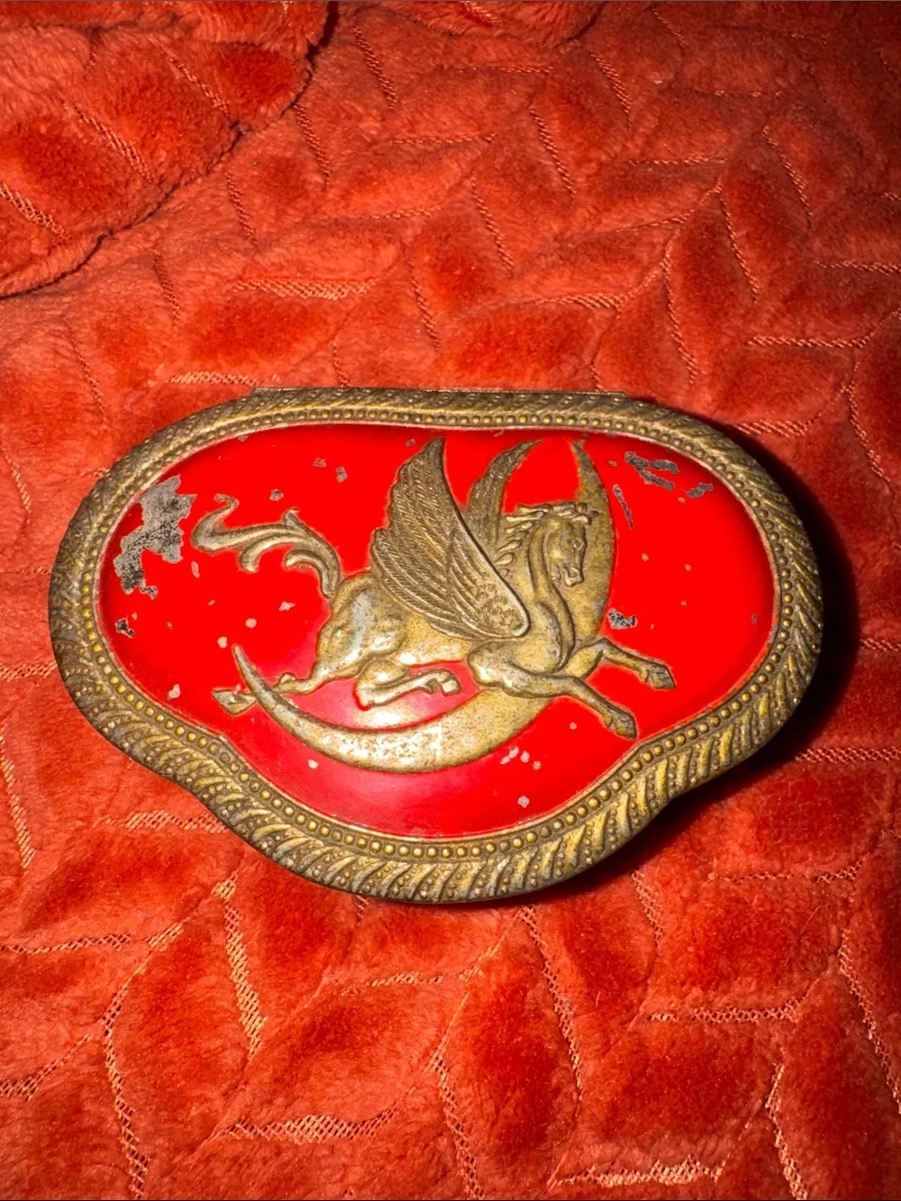 Vintage Ornate Brass & Enamel Pegasus Trinket Box Red Velvet Lined Footed Casket